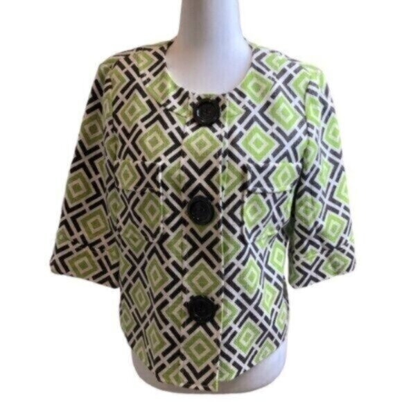 Michael Kors Green & Brown Geometric Print Cropped Business Casual Jacket Med - Picture 1 of 6